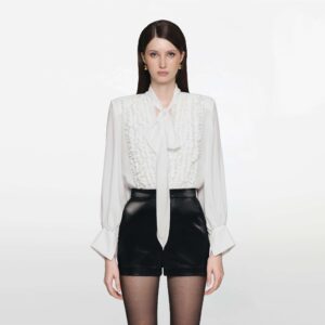 White Ruffled Tie-Neck Blouse