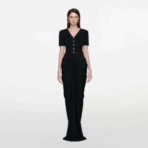 Black Draped V-Neck Midi Dress