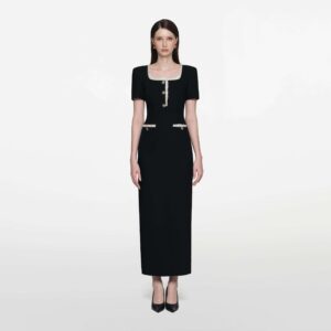 Black Ruffle Trim Midi Dress