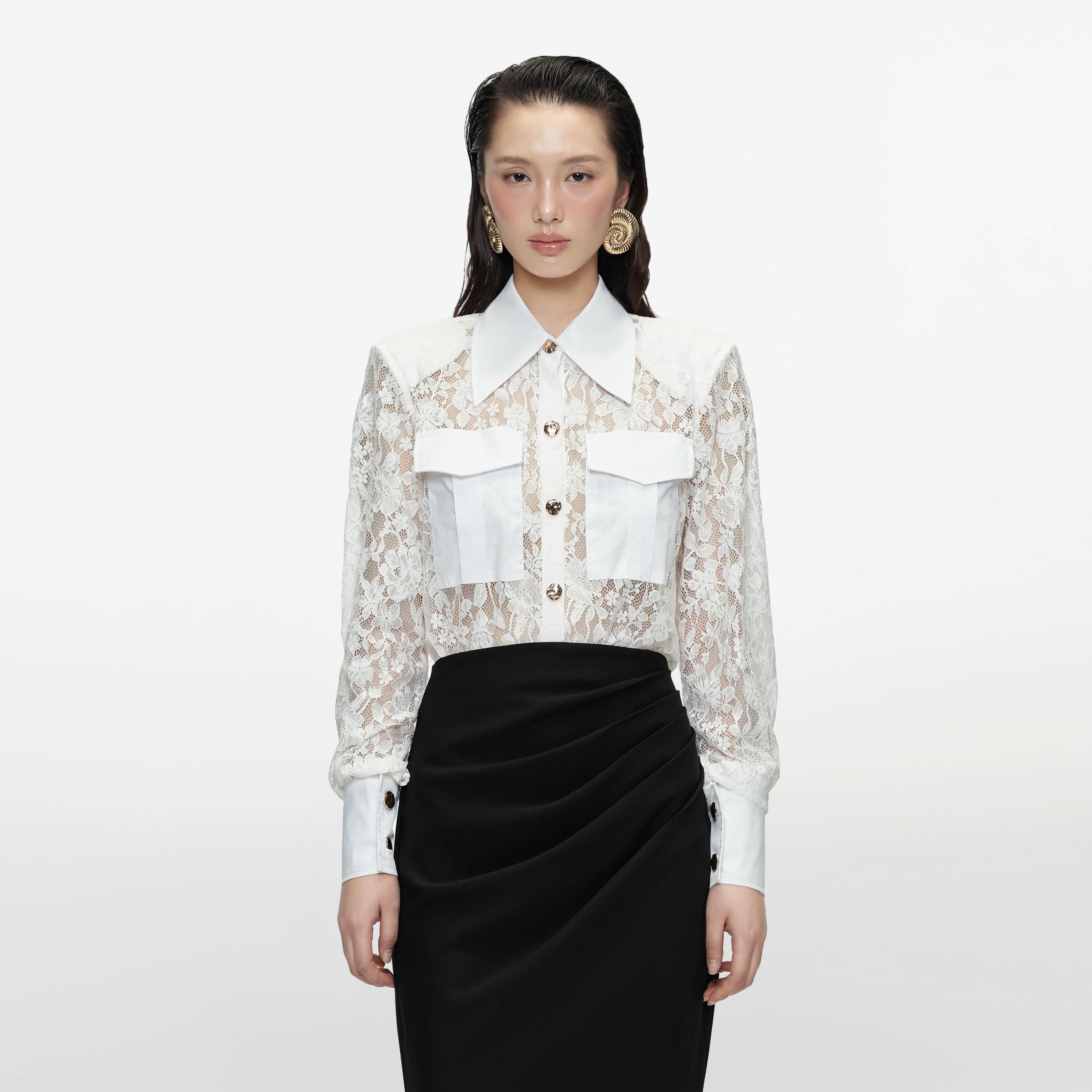 White Lace Patch-Pocket Shirt