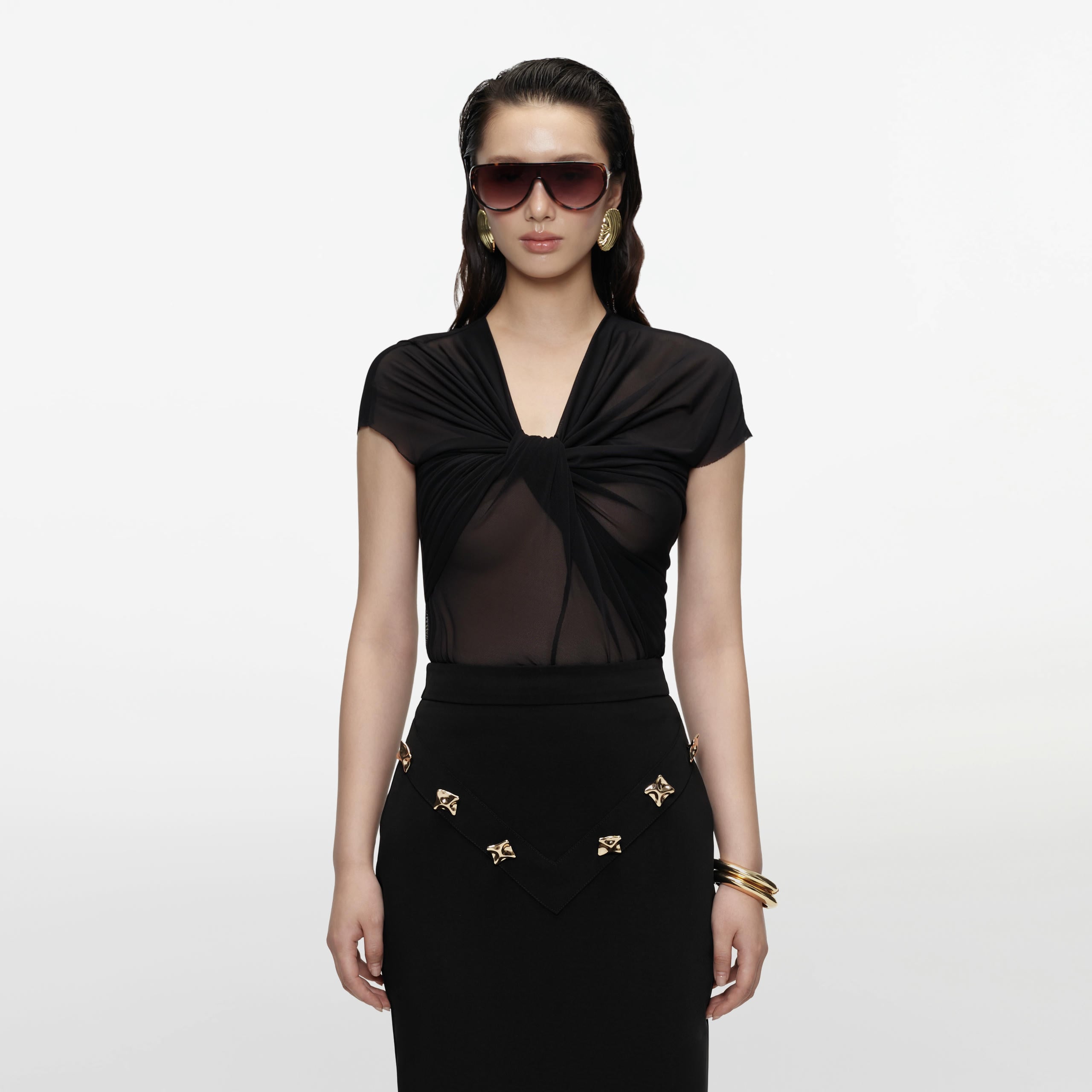 Black Mesh Draped Top